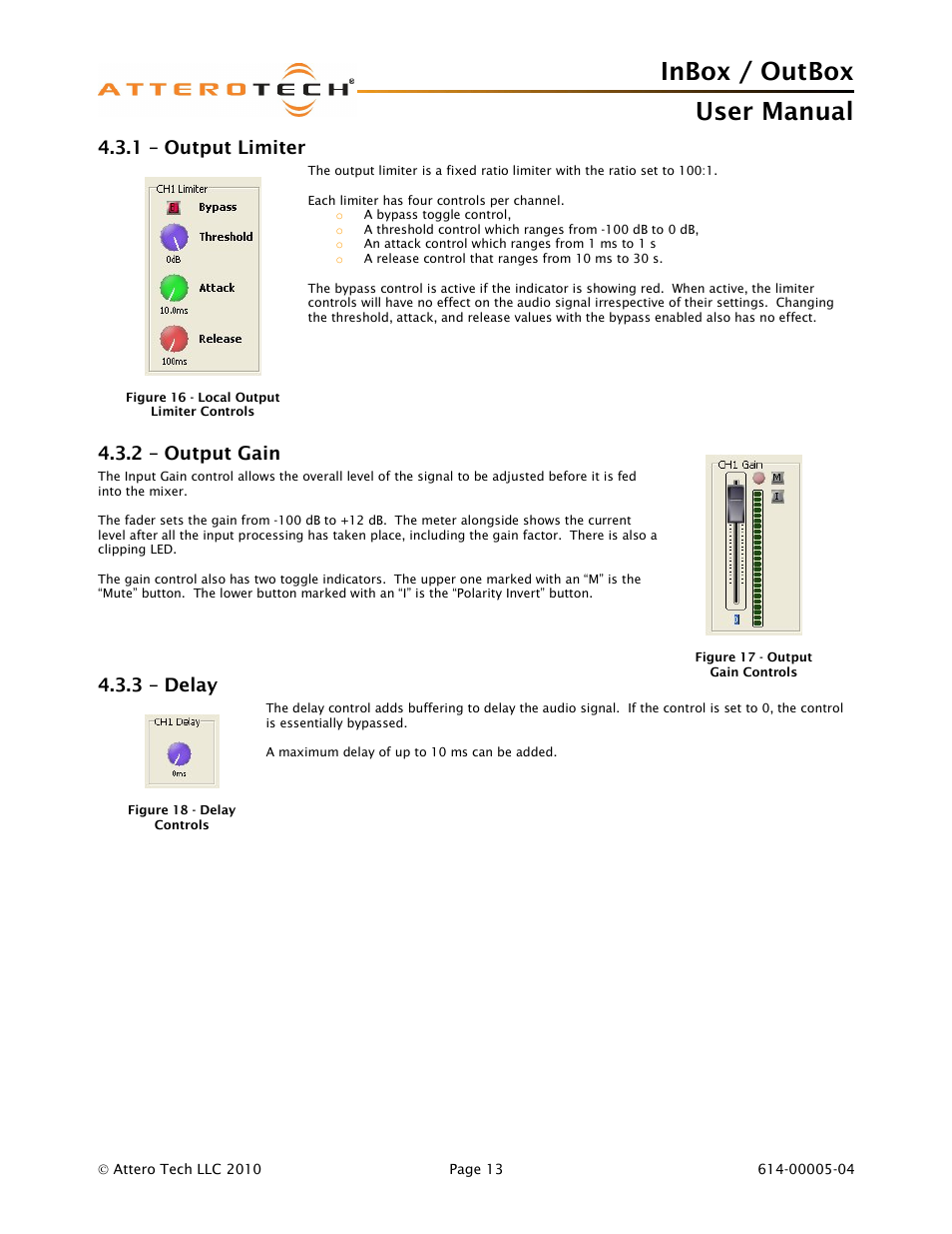 Inbox / outbox user manual, 1 – output limiter, 2 – output gain | 3 – delay | Attero Tech InBox/OutBox User Manual | Page 18 / 38