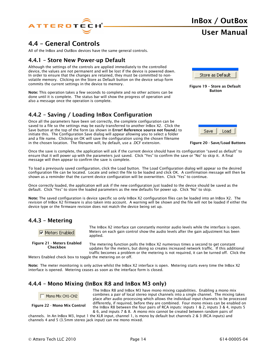 Inbox / outbox user manual, 4 – general controls, 1 – store new power-up default | 2 – saving / loading inbox configuration, 3 – metering, 4 – mono mixing (inbox r8 and inbox m3 only) | Attero Tech InBox/OutBox User Manual | Page 19 / 38