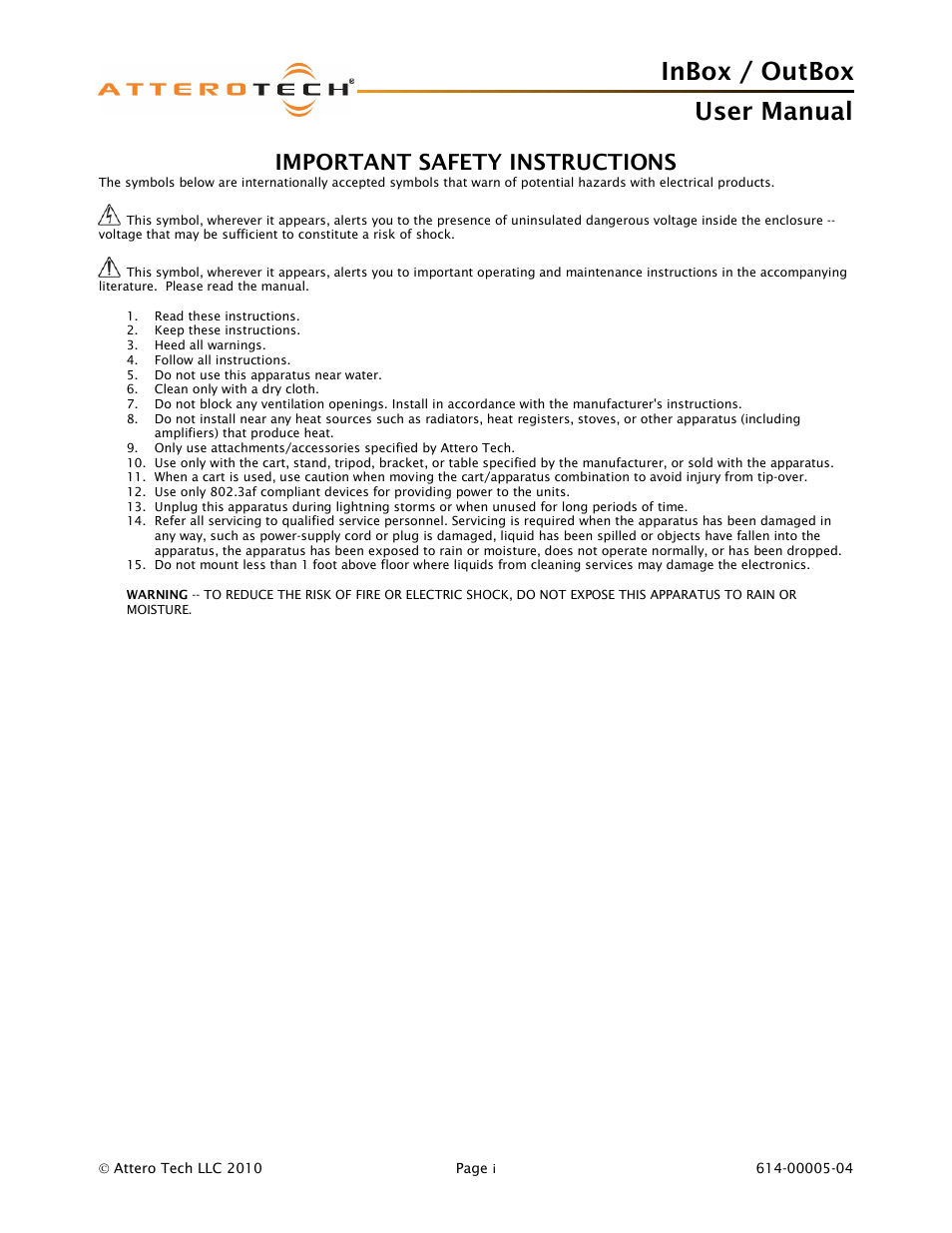 Inbox / outbox user manual, Important safety instructions | Attero Tech InBox/OutBox User Manual | Page 2 / 38