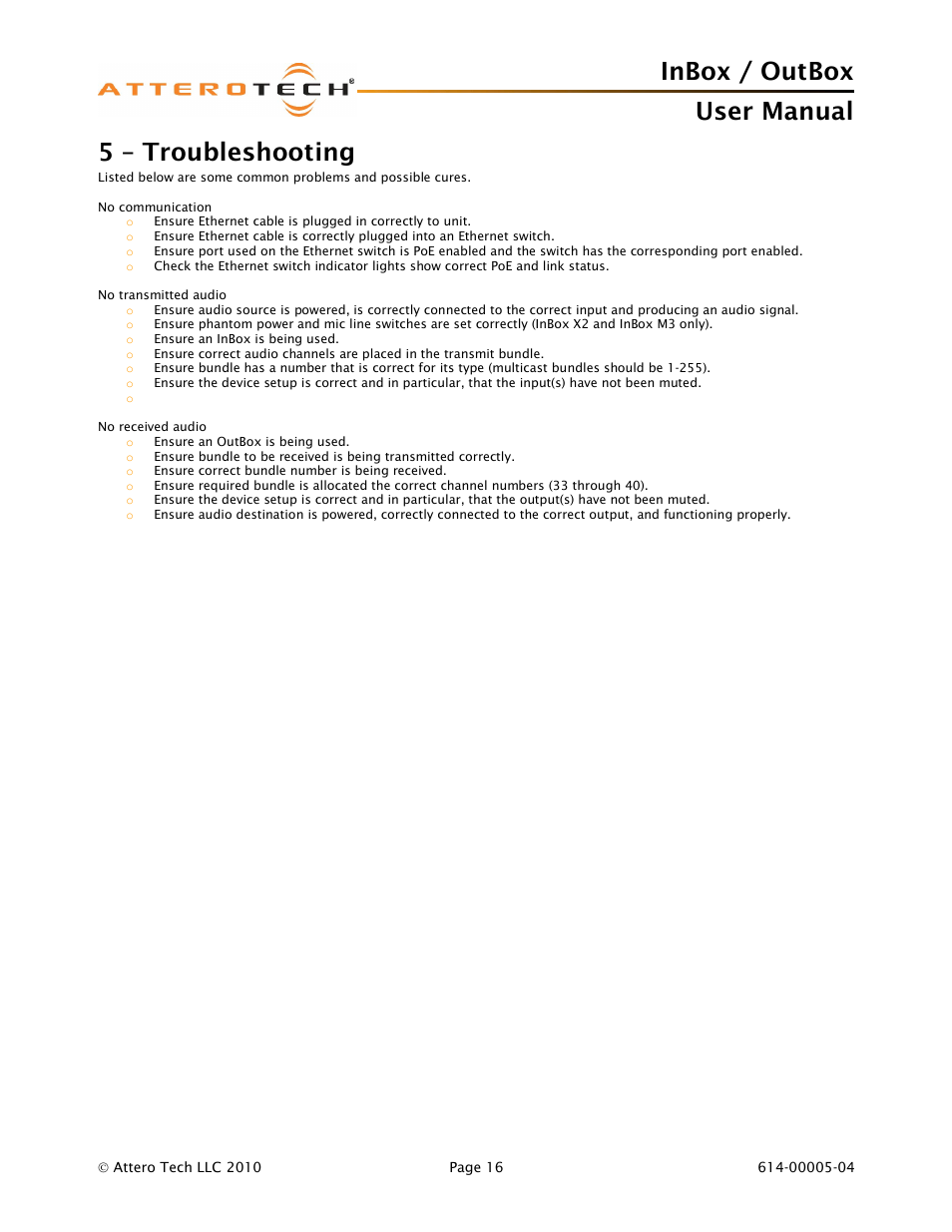 Inbox / outbox user manual, 5 – troubleshooting | Attero Tech InBox/OutBox User Manual | Page 21 / 38