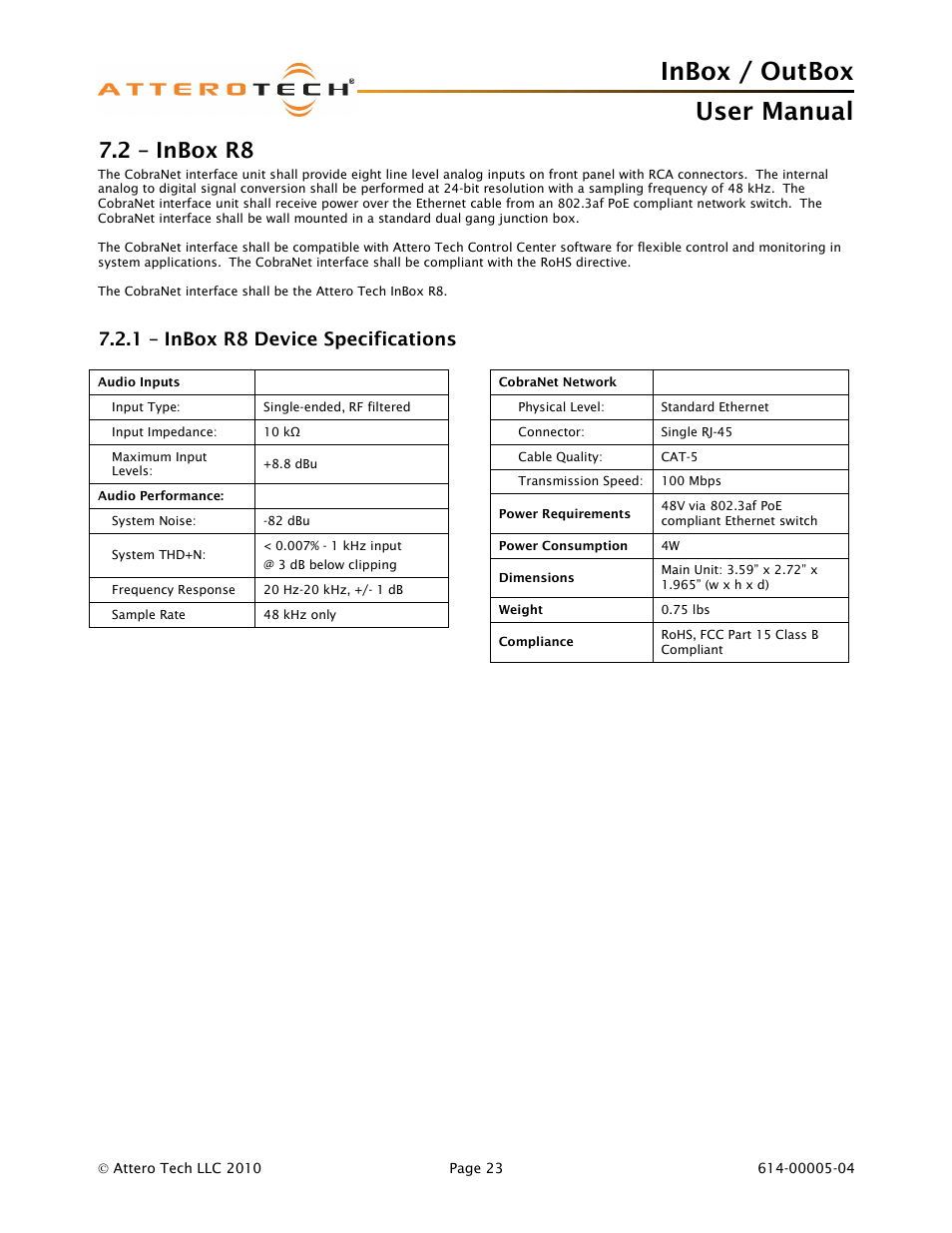 Inbox / outbox user manual, 2 – inbox r8, 1 – inbox r8 device specifications | Attero Tech InBox/OutBox User Manual | Page 28 / 38