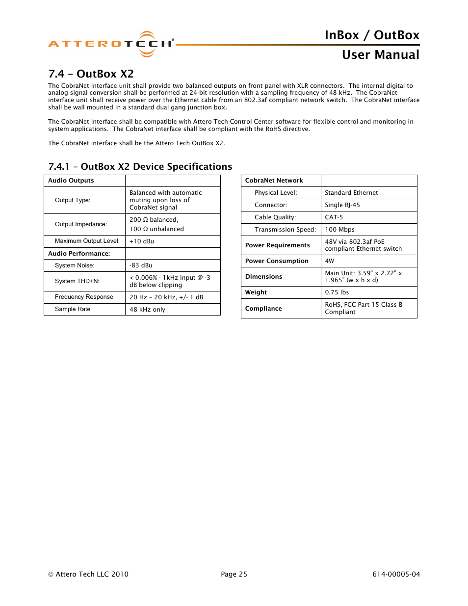 Inbox / outbox user manual, 4 – outbox x2, 1 – outbox x2 device specifications | Attero Tech InBox/OutBox User Manual | Page 30 / 38