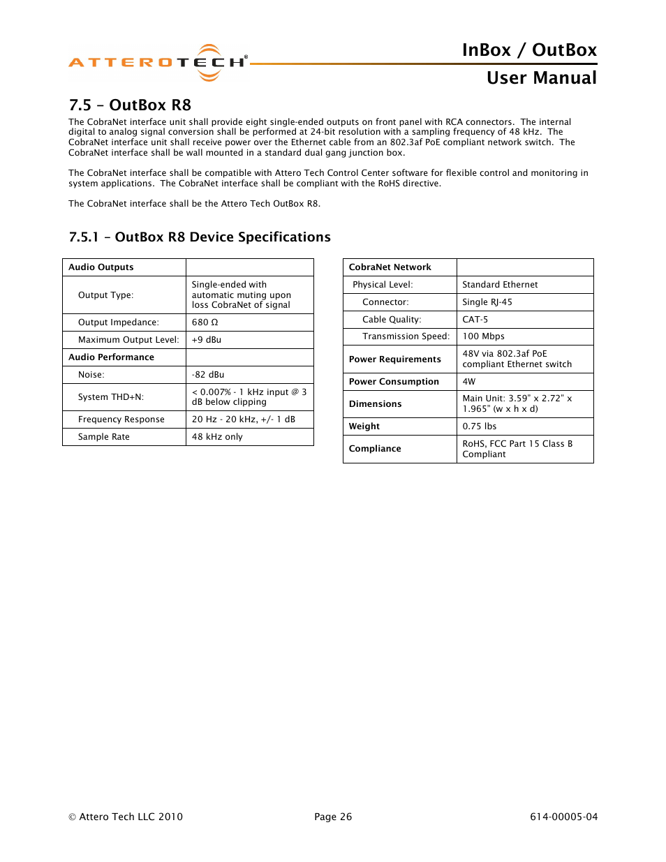 Inbox / outbox user manual, 5 – outbox r8, 1 – outbox r8 device specifications | Attero Tech InBox/OutBox User Manual | Page 31 / 38