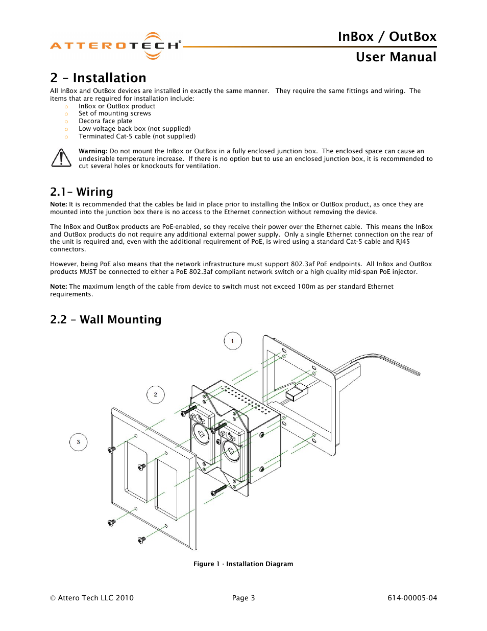 Inbox / outbox user manual, 2 – installation, 1– wiring | 2 – wall mounting | Attero Tech InBox/OutBox User Manual | Page 8 / 38