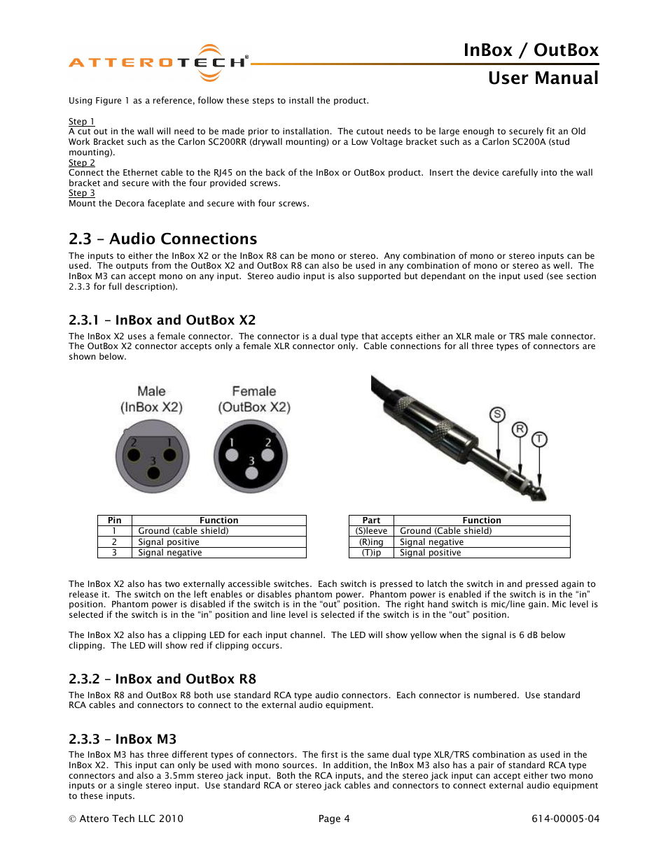 Inbox / outbox user manual, 3 – audio connections, 1 – inbox and outbox x2 | 2 – inbox and outbox r8, 3 – inbox m3 | Attero Tech InBox/OutBox User Manual | Page 9 / 38