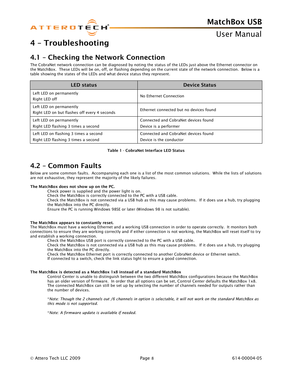 4 – troubleshooting, 1 – checking the network connection, 2 – common faults | Matchbox usb, User manual | Attero Tech MatchBox USB User Manual | Page 12 / 17