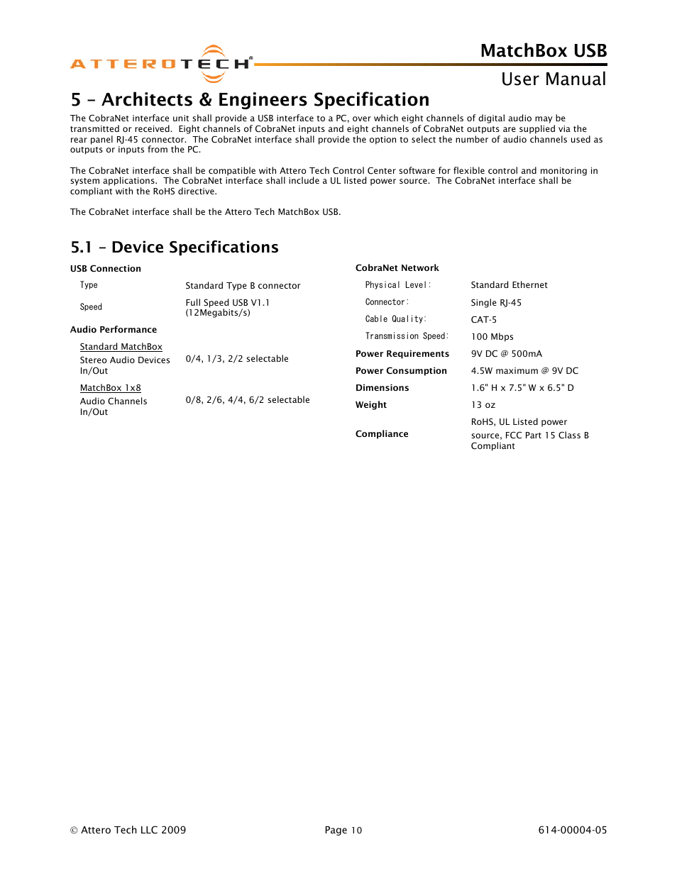 5 – architects & engineers specification, 1 – device specifications, Matchbox usb | User manual | Attero Tech MatchBox USB User Manual | Page 14 / 17