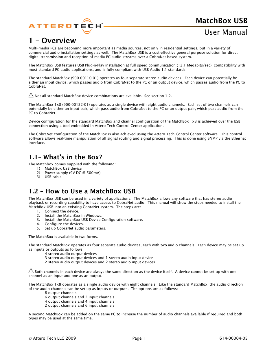 1 – overview, 1 – what’s in the box, 2 – how to use a matchbox usb | Matchbox usb, User manual, 1– what’s in the box | Attero Tech MatchBox USB User Manual | Page 5 / 17