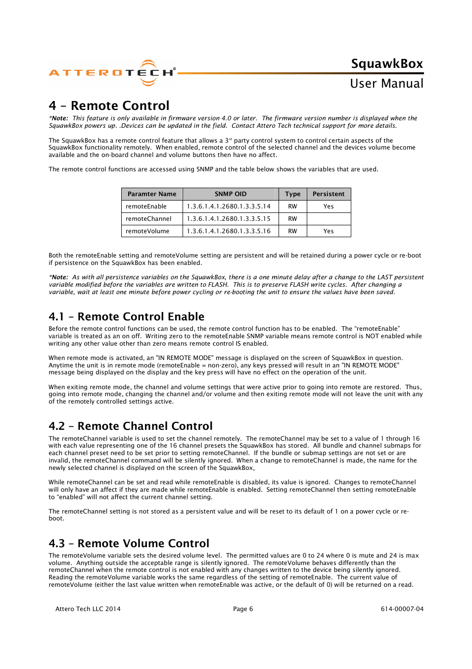 Squawkbox, User manual, 4 – remote control | 1 – remote control enable, 2 – remote channel control, 3 – remote volume control | Attero Tech SquawkBox User Manual | Page 10 / 20