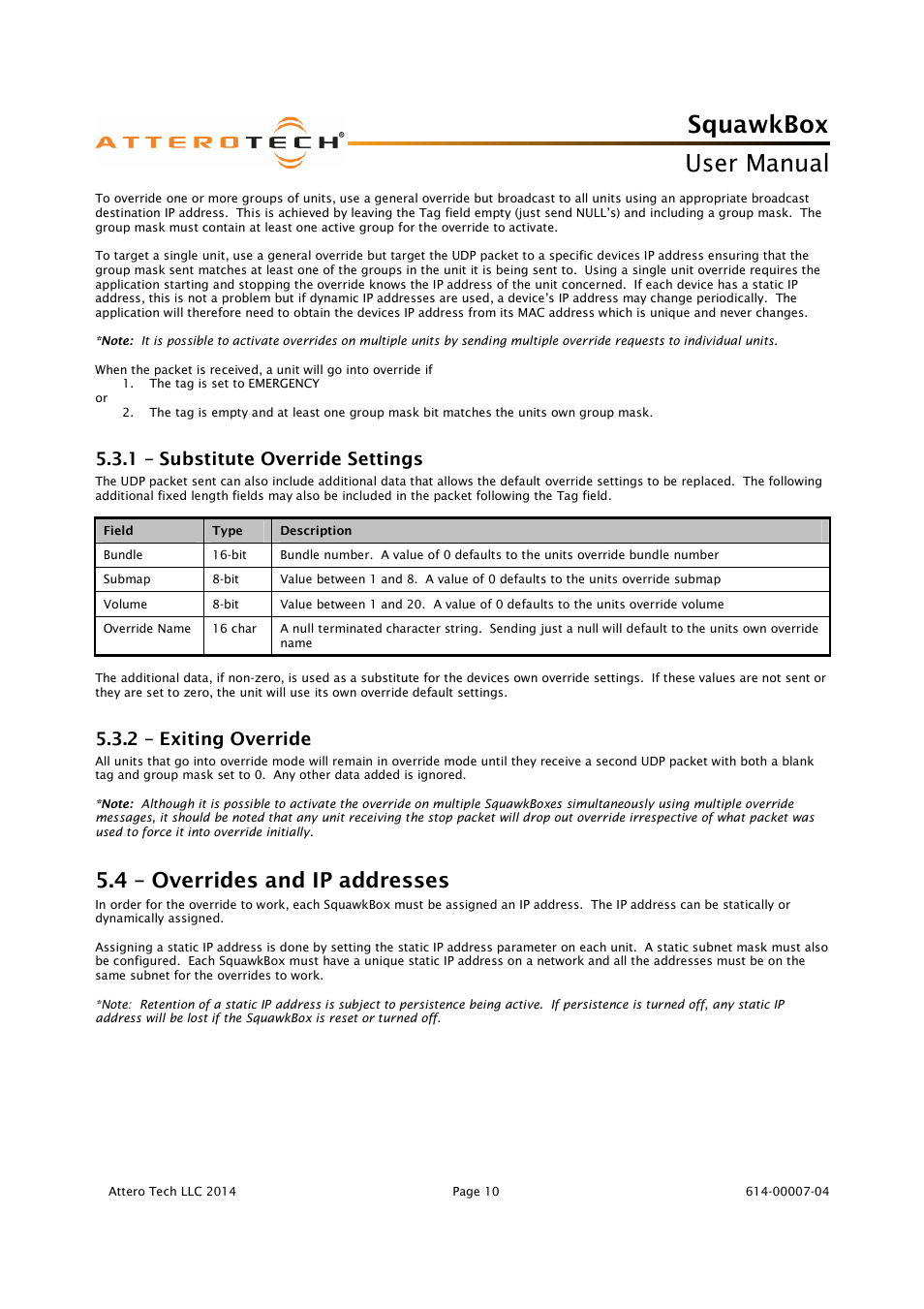 Squawkbox, User manual, 4 – overrides and ip addresses | 1 – substitute override settings, 2 – exiting override | Attero Tech SquawkBox User Manual | Page 14 / 20