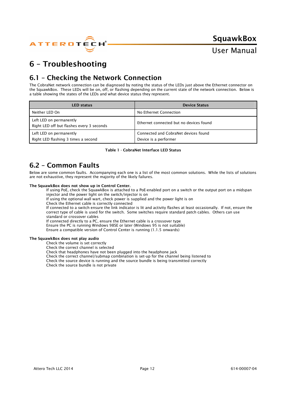 Squawkbox, User manual, 6 – troubleshooting | 1 – checking the network connection, 2 – common faults | Attero Tech SquawkBox User Manual | Page 16 / 20