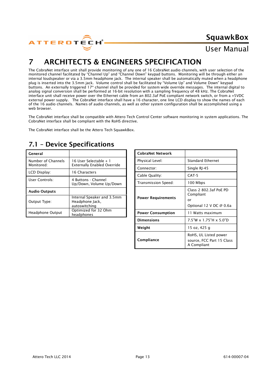 Squawkbox, User manual, 7– architects & engineers specification | 1 – device specifications | Attero Tech SquawkBox User Manual | Page 17 / 20