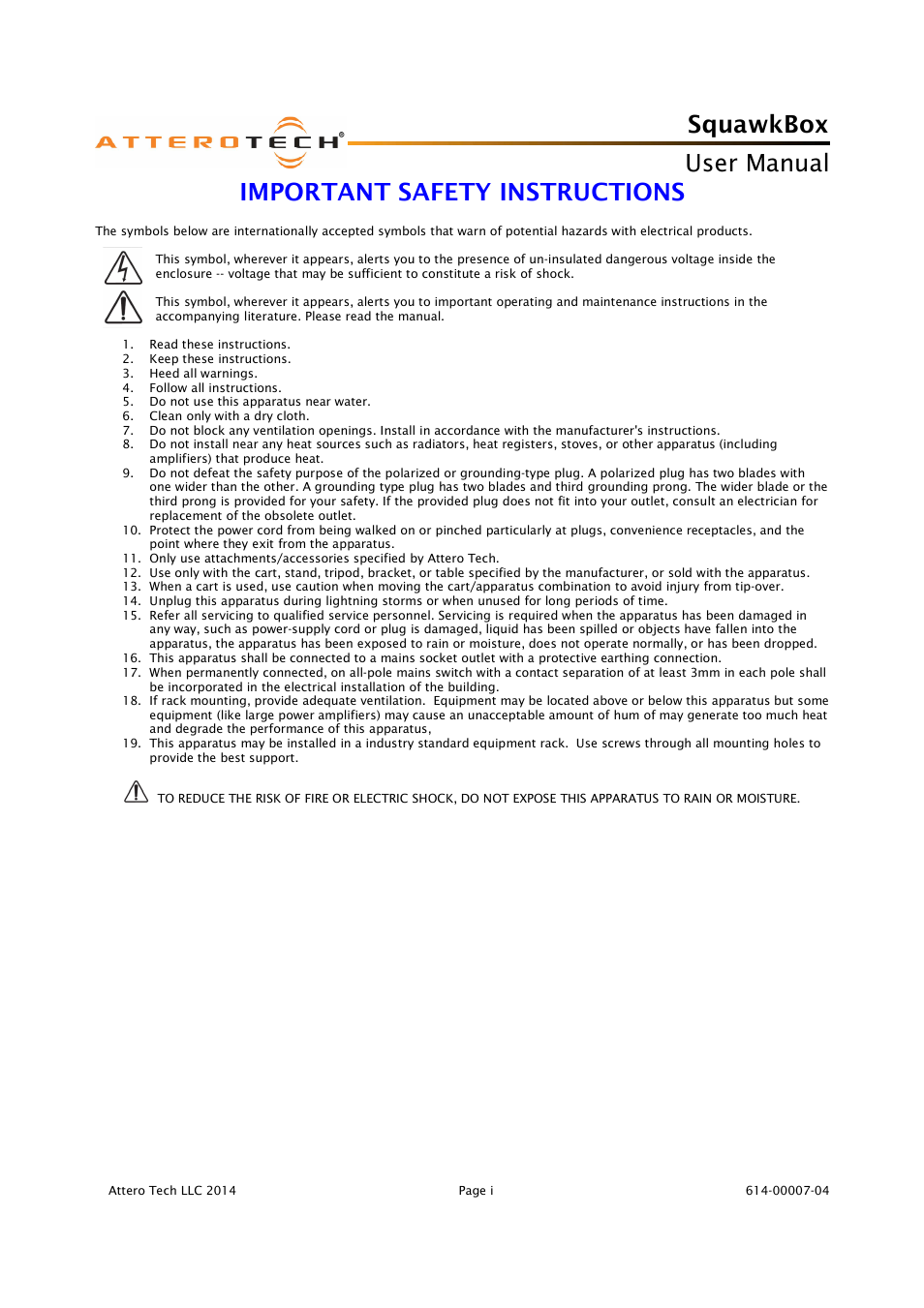Squawkbox, User manual, Important safety instructions | Attero Tech SquawkBox User Manual | Page 2 / 20