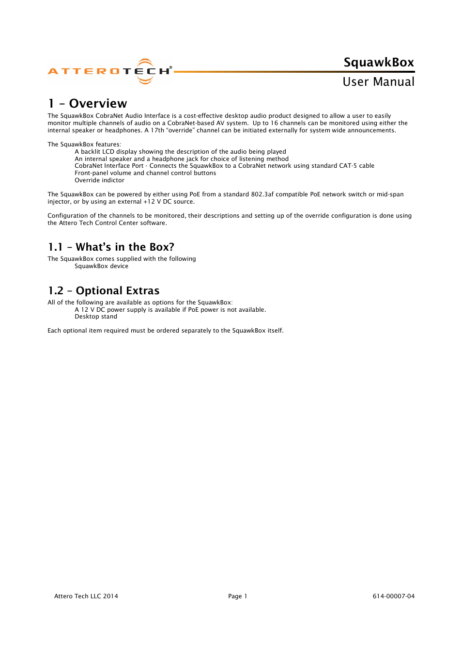 Squawkbox, User manual, 1 – overview | 1 – what’s in the box, 2 – optional extras | Attero Tech SquawkBox User Manual | Page 5 / 20