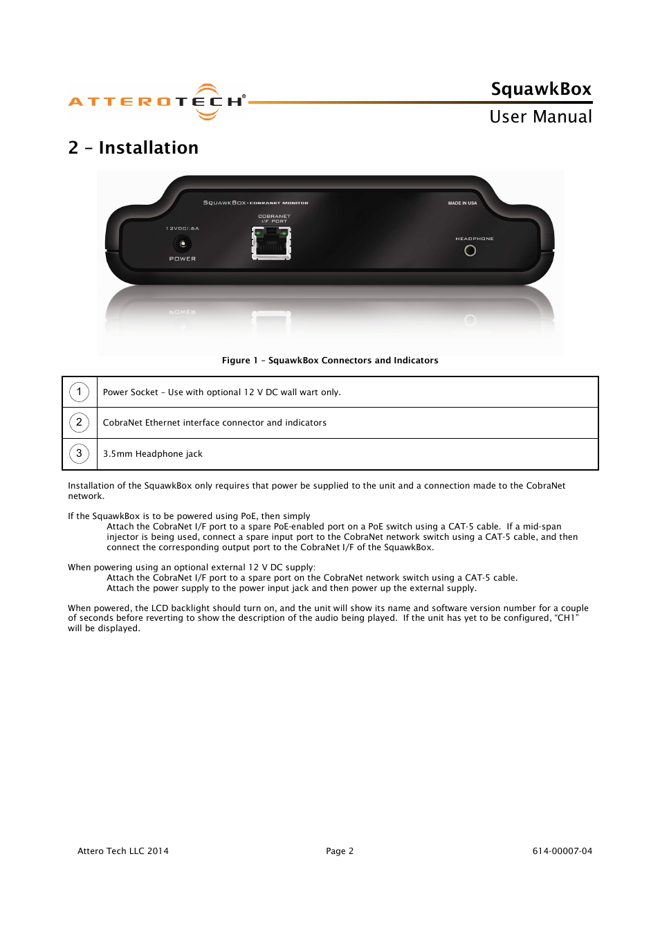Squawkbox, User manual, 2 – installation | Attero Tech SquawkBox User Manual | Page 6 / 20