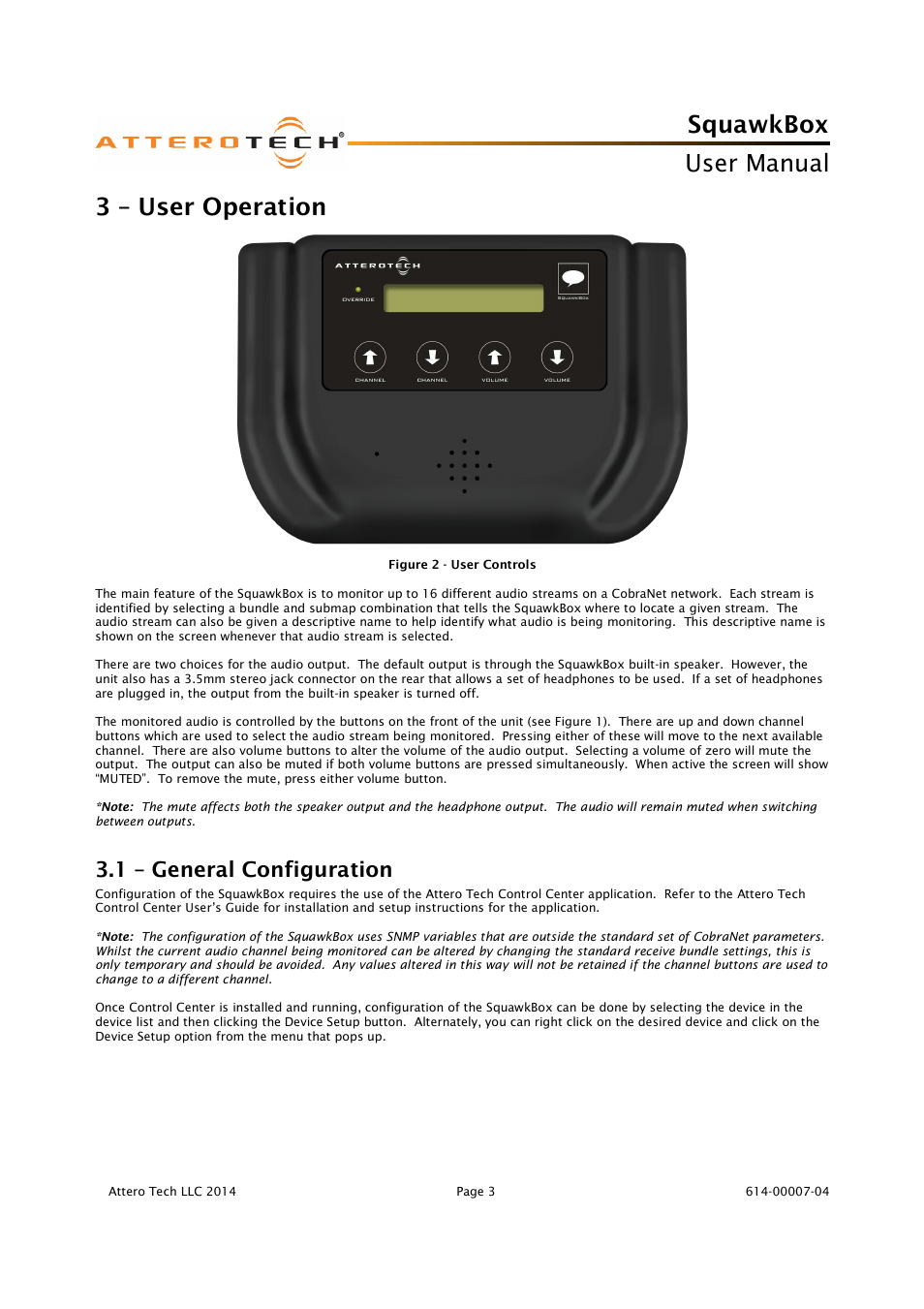 Squawkbox, User manual, 3 – user operation | 1 – general configuration | Attero Tech SquawkBox User Manual | Page 7 / 20