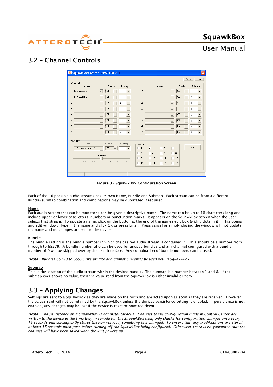 Squawkbox, User manual, 2 – channel controls | 3 – applying changes | Attero Tech SquawkBox User Manual | Page 8 / 20