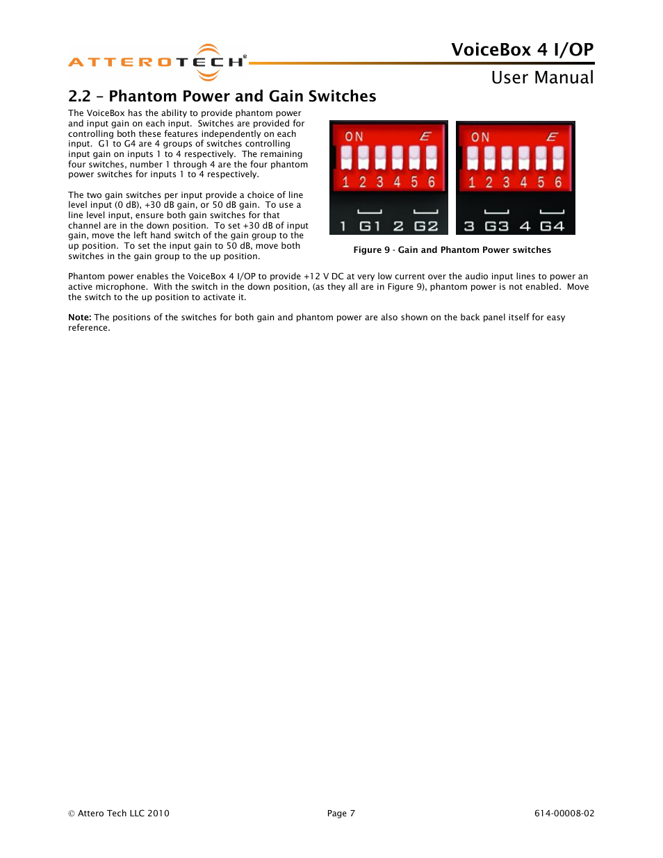 Voicebox 4 i/op user manual, 2 – phantom power and gain switches | Attero Tech Box 4 I/OP User Manual | Page 11 / 24