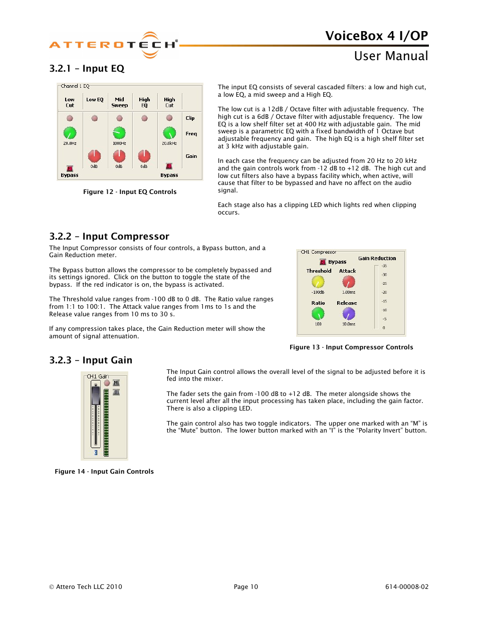 Voicebox 4 i/op user manual, 1 – input eq, 2 – input compressor | 3 – input gain | Attero Tech Box 4 I/OP User Manual | Page 14 / 24