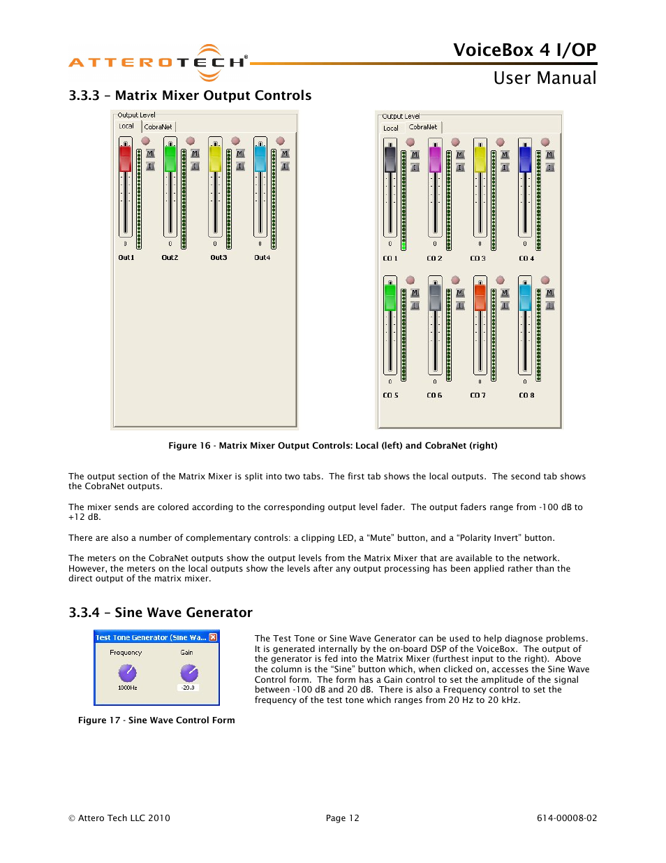 Voicebox 4 i/op user manual, 3 – matrix mixer output controls, 4 – sine wave generator | Attero Tech Box 4 I/OP User Manual | Page 16 / 24