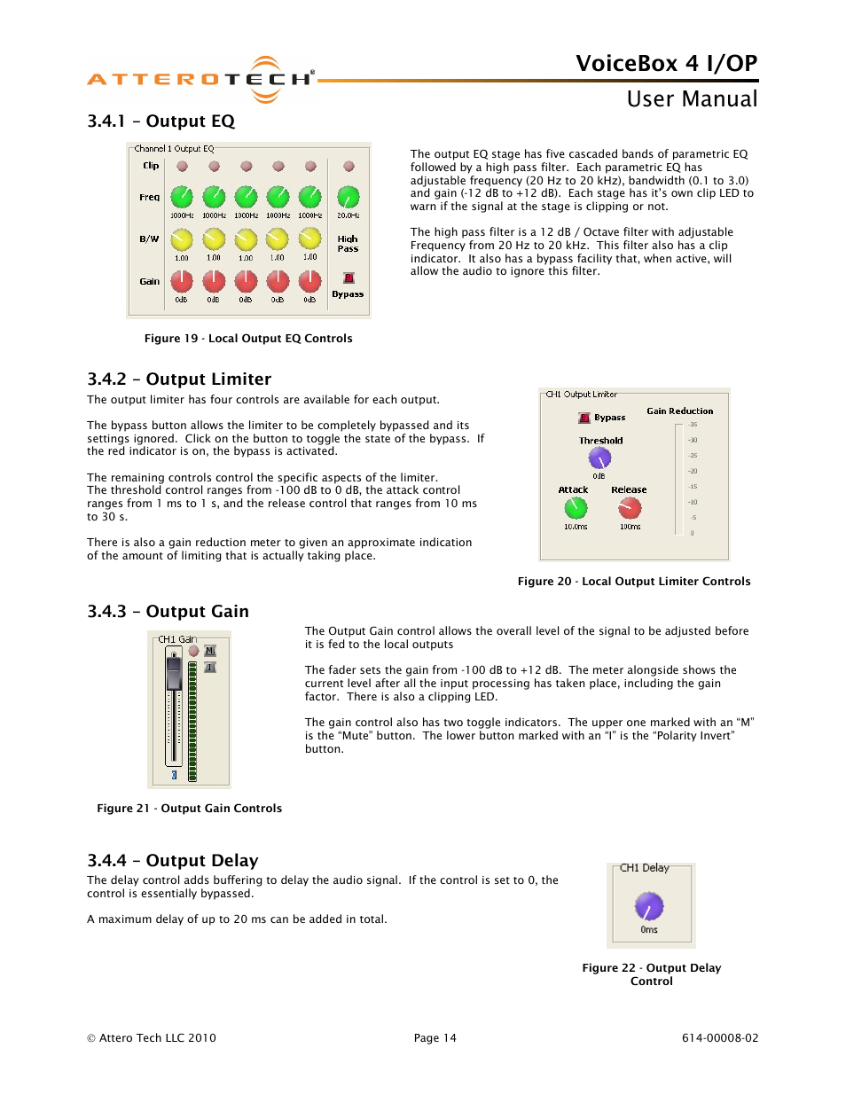 Voicebox 4 i/op user manual, 1 – output eq, 2 – output limiter | 3 – output gain, 4 – output delay | Attero Tech Box 4 I/OP User Manual | Page 18 / 24