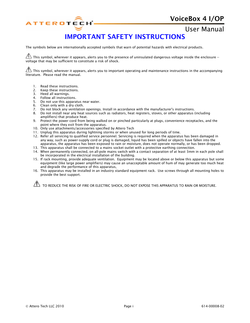 Voicebox 4 i/op user manual, Important safety instructions | Attero Tech Box 4 I/OP User Manual | Page 2 / 24