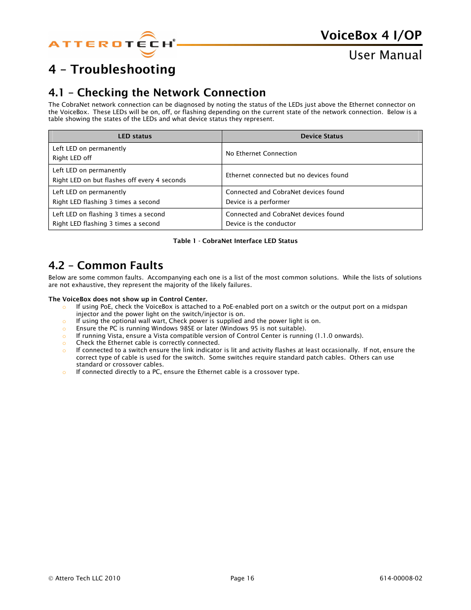 Voicebox 4 i/op user manual, 4 – troubleshooting, 1 – checking the network connection | 2 – common faults | Attero Tech Box 4 I/OP User Manual | Page 20 / 24