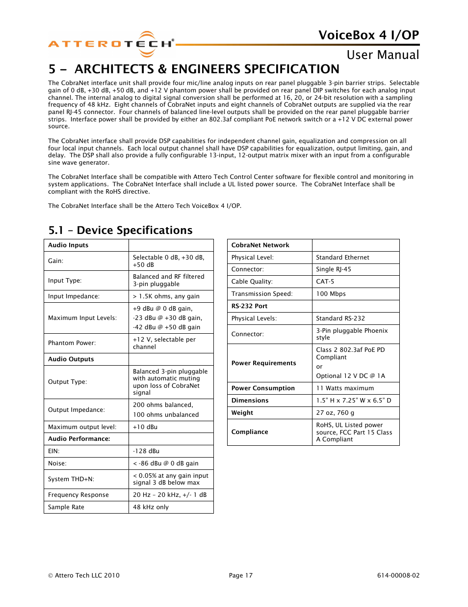 Voicebox 4 i/op user manual, 5 – architects & engineers specification, 1 – device specifications | Attero Tech Box 4 I/OP User Manual | Page 21 / 24