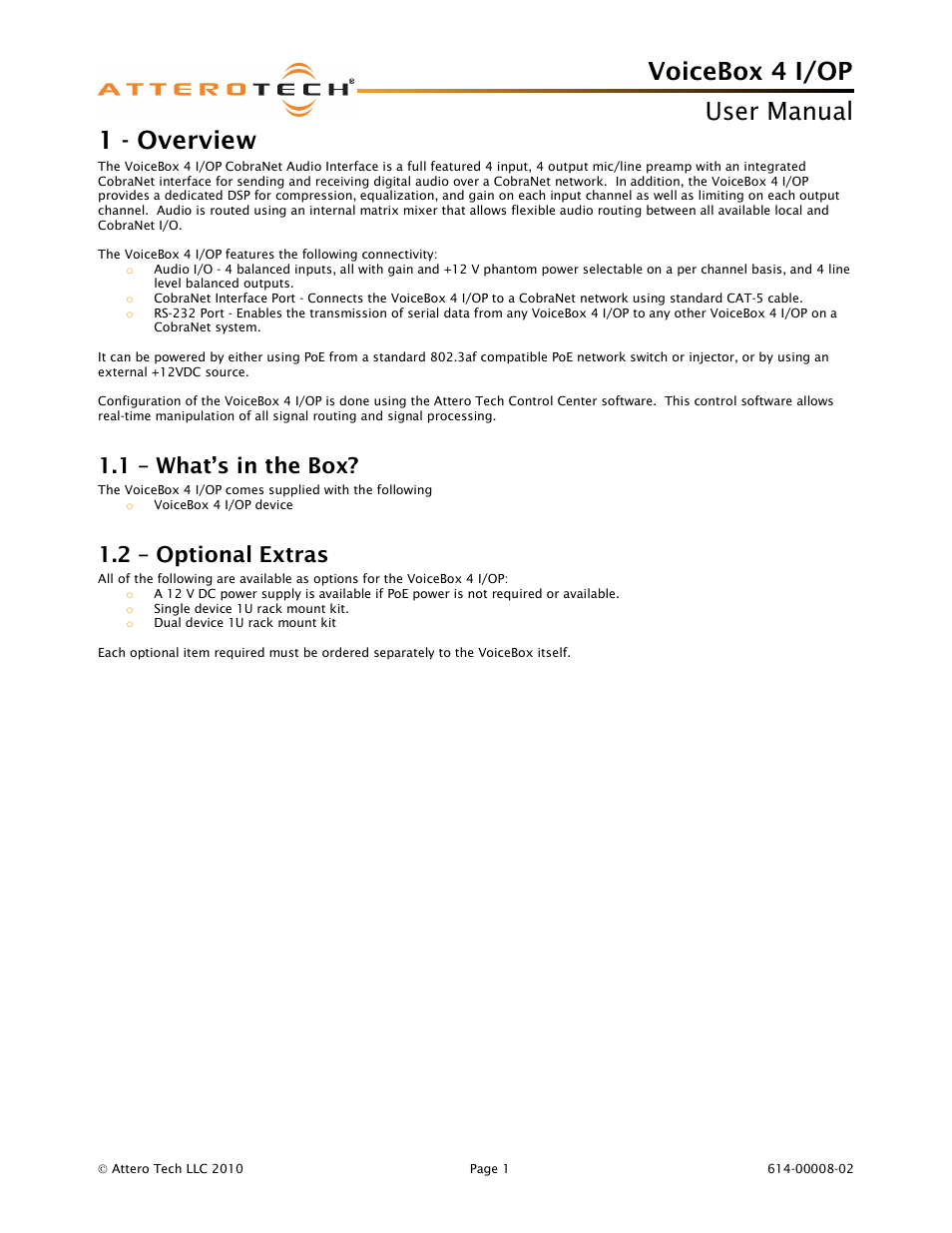 Voicebox 4 i/op user manual, 1 - overview, 1 – what’s in the box | 2 – optional extras | Attero Tech Box 4 I/OP User Manual | Page 5 / 24