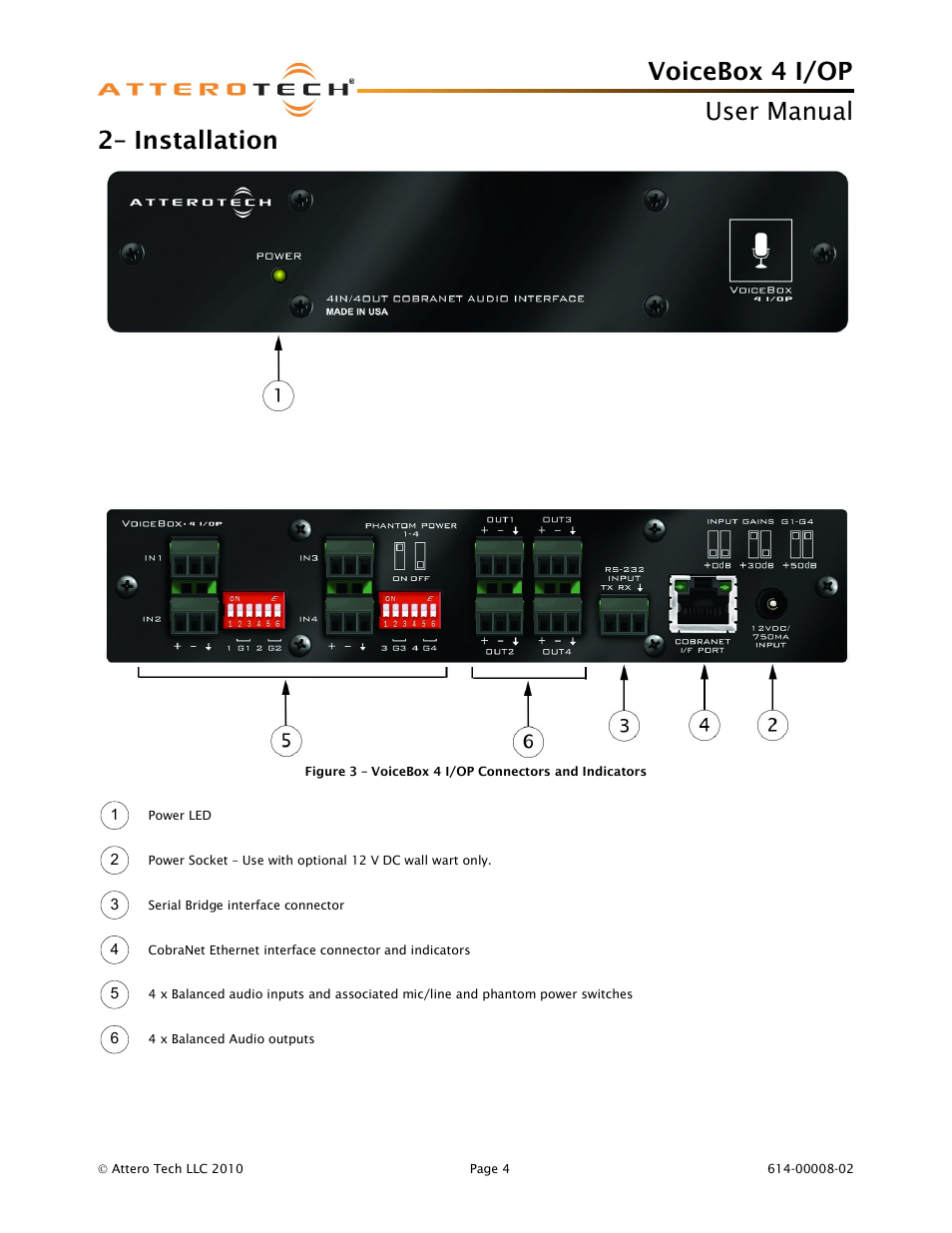 Voicebox 4 i/op user manual, 2– installation | Attero Tech Box 4 I/OP User Manual | Page 8 / 24