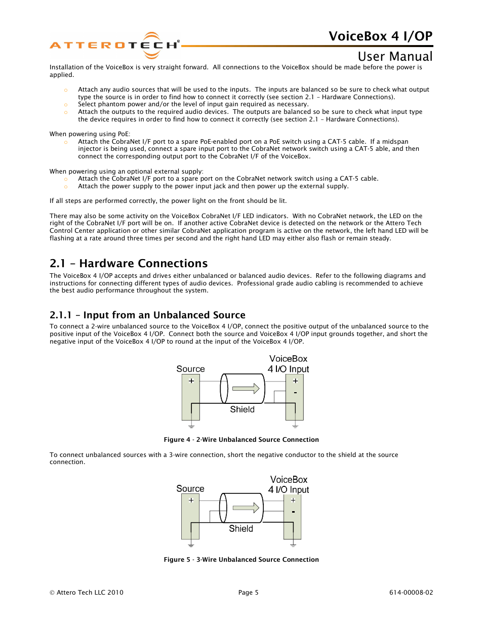 Voicebox 4 i/op user manual, 1 – hardware connections, 1 – input from an unbalanced source | Attero Tech Box 4 I/OP User Manual | Page 9 / 24