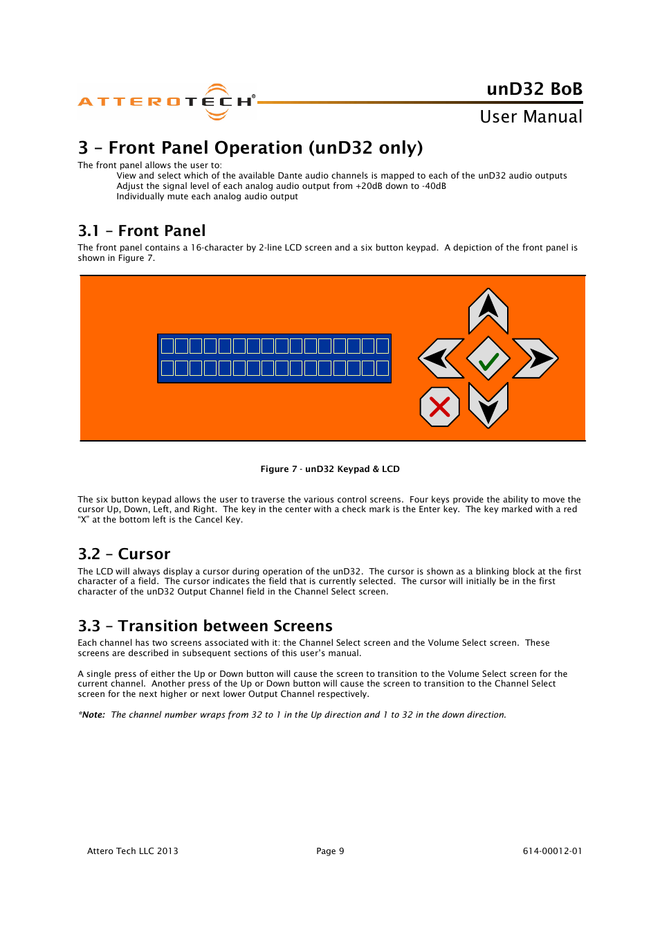 Und32 bob, User manual, 3 – front panel operation (und32 only) | 1 – front panel, 2 – cursor, 3 – transition between screens | Attero Tech unD32 BoB User Manual | Page 10 / 22