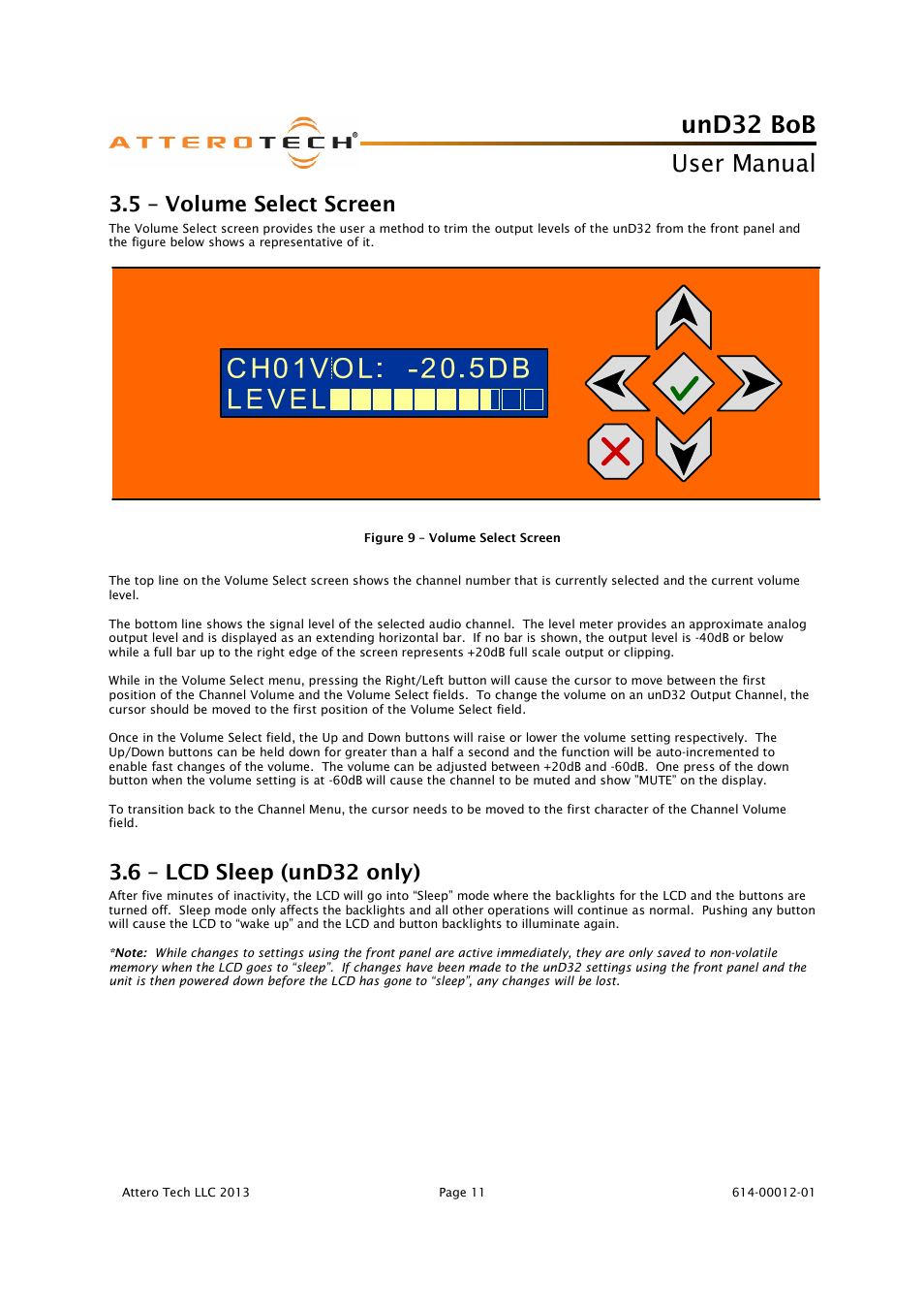 Und32 bob, User manual, 5 – volume select screen | 6 – lcd sleep (und32 only) | Attero Tech unD32 BoB User Manual | Page 12 / 22