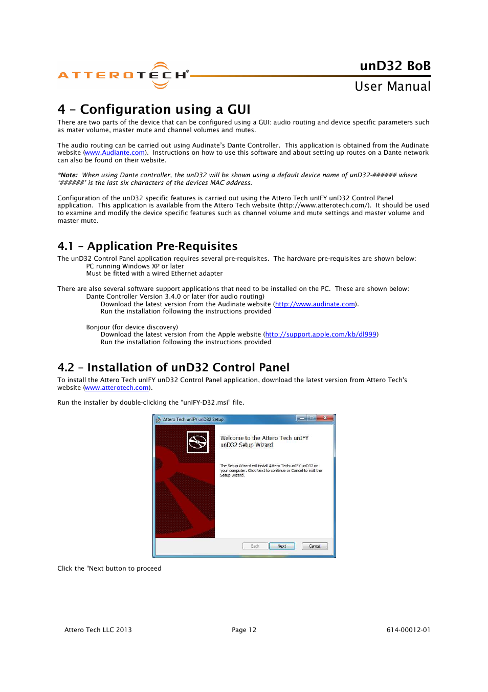 Und32 bob, User manual, 4 – configuration using a gui | 1 – application pre-requisites, 2 – installation of und32 control panel | Attero Tech unD32 BoB User Manual | Page 13 / 22