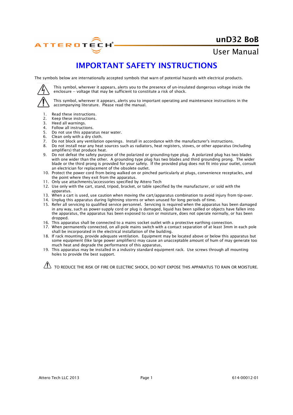 Und32 bob, User manual, Important safety instructions | Attero Tech unD32 BoB User Manual | Page 2 / 22