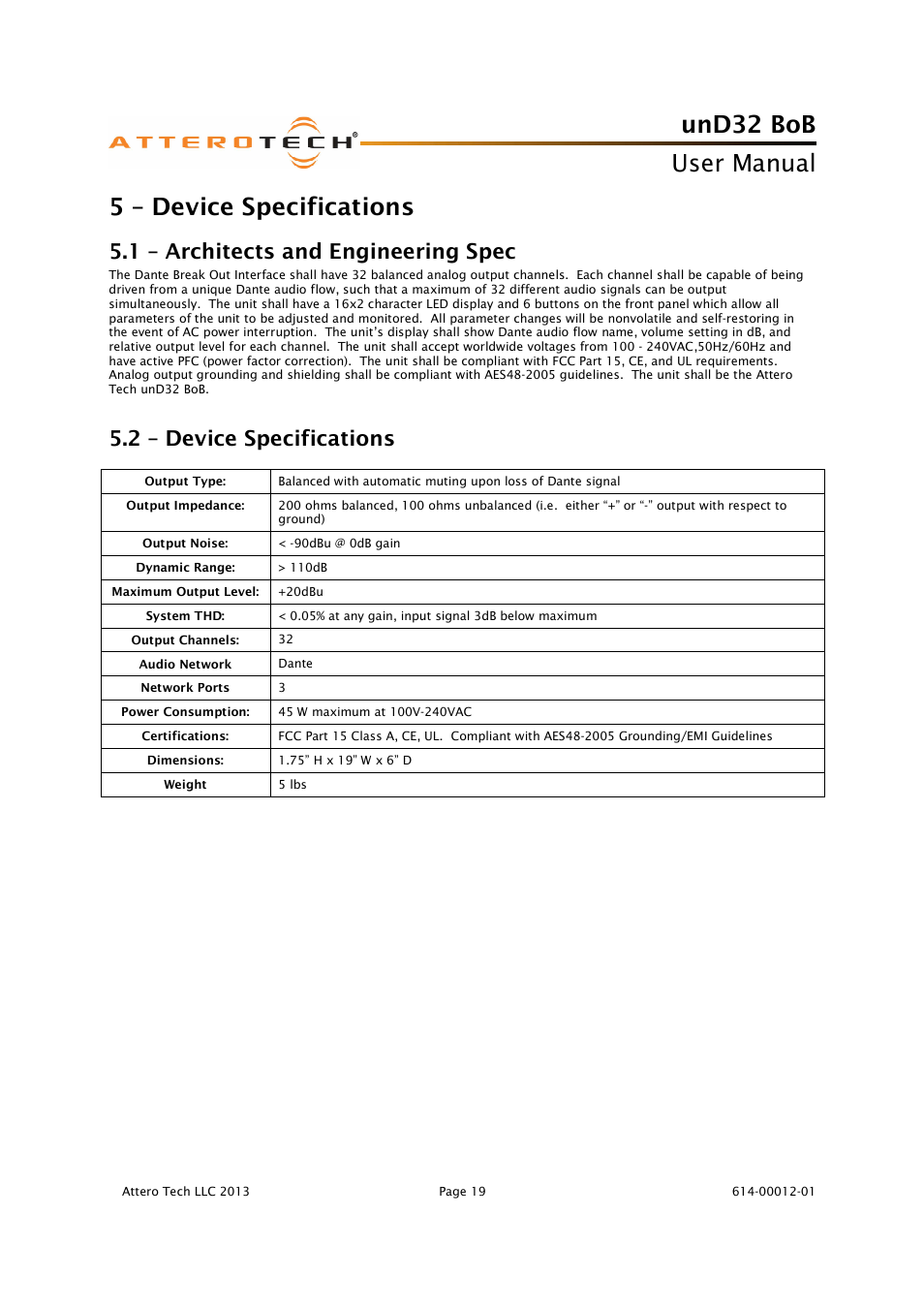 Und32 bob, User manual, 5 – device specifications | 1 – architects and engineering spec, 2 – device specifications | Attero Tech unD32 BoB User Manual | Page 20 / 22