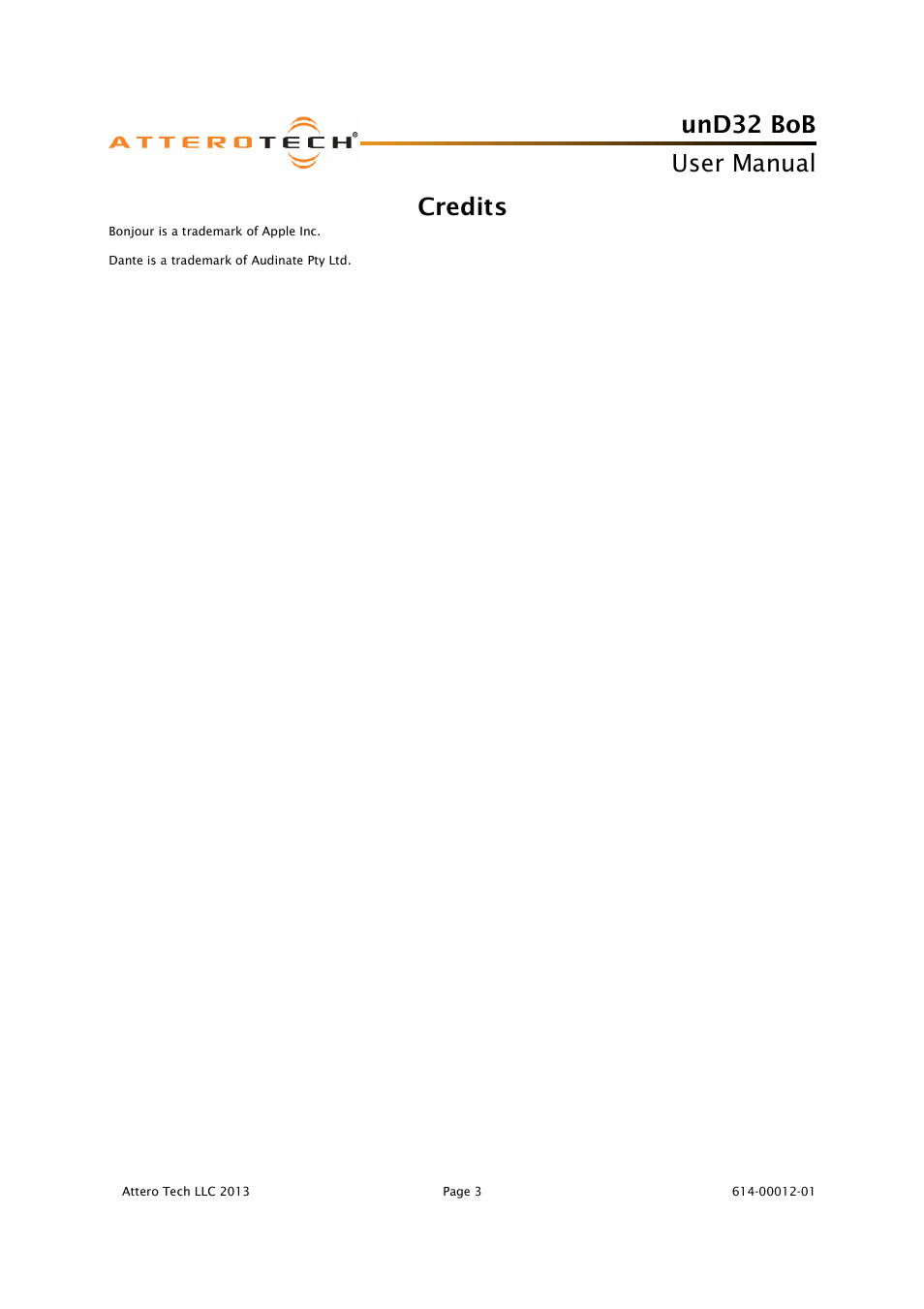 Und32 bob, User manual, Credits | Attero Tech unD32 BoB User Manual | Page 4 / 22