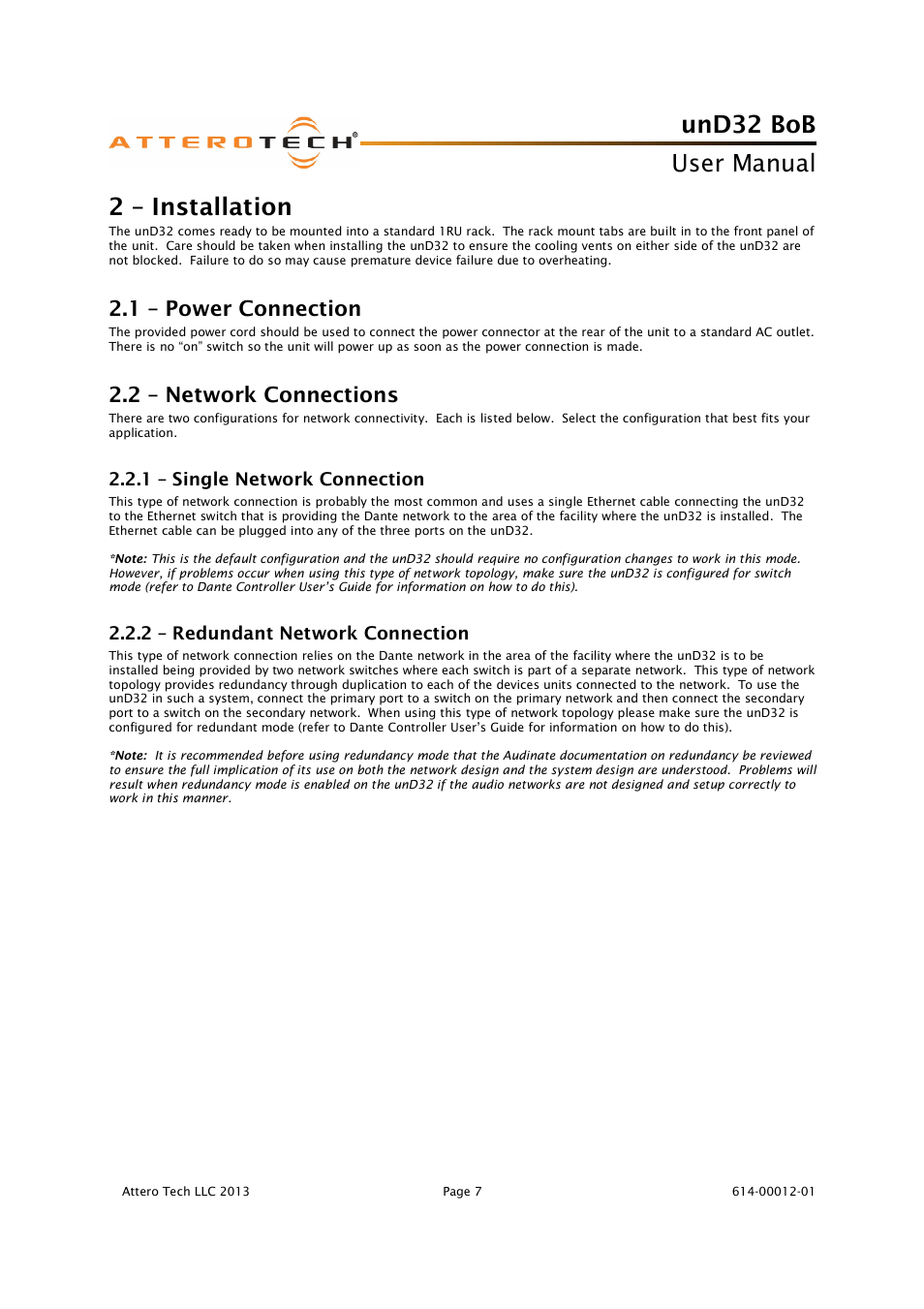 Und32 bob, User manual, 2 – installation | 1 – power connection, 2 – network connections | Attero Tech unD32 BoB User Manual | Page 8 / 22