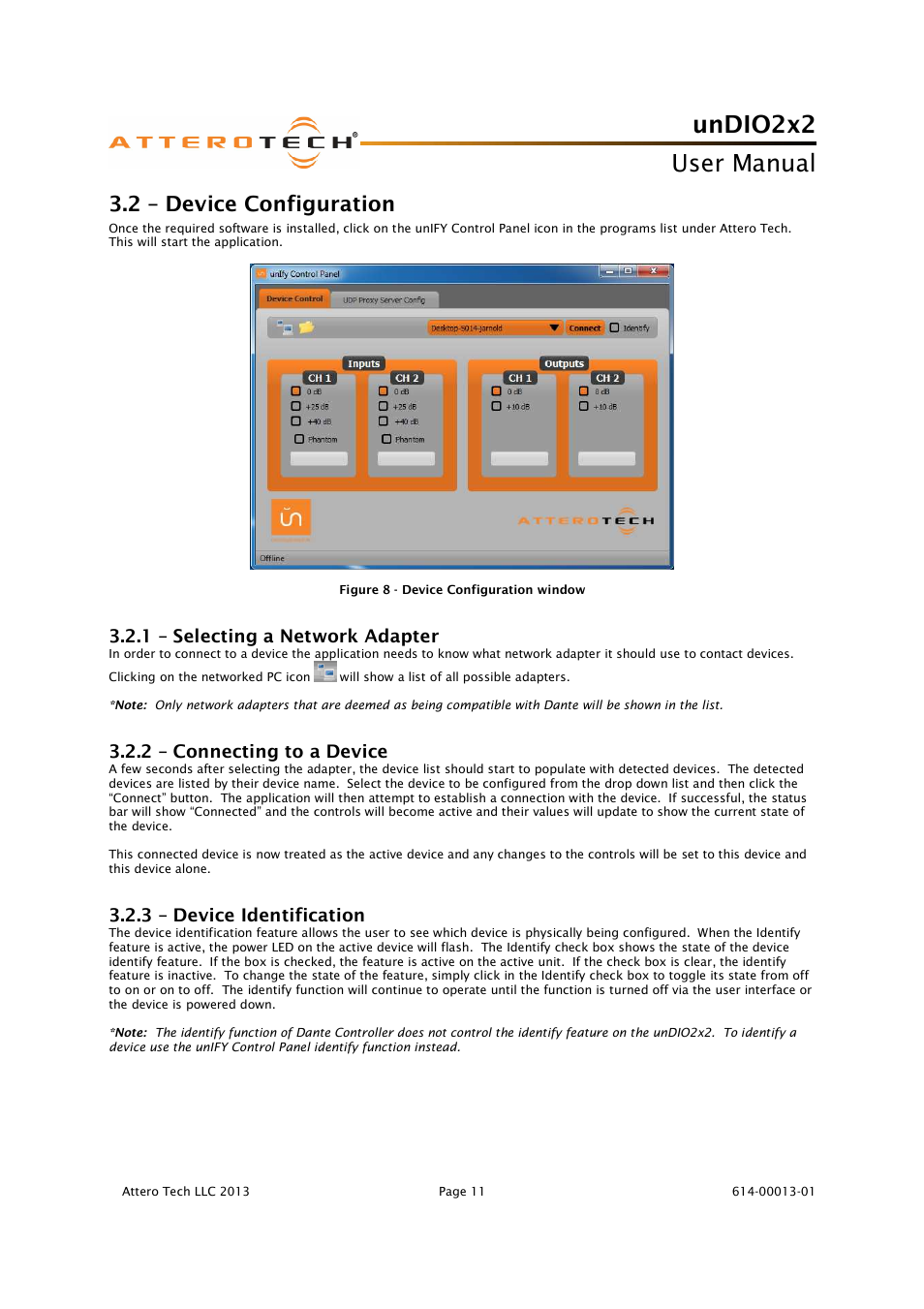 Undio2x2, User manual, 2 – device configuration | 1 – selecting a network adapter, 2 – connecting to a device, 3 – device identification | Attero Tech unDIO2x2 User Manual | Page 12 / 16
