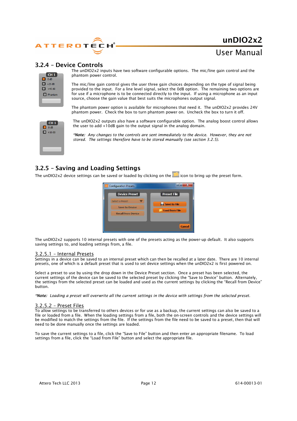 Undio2x2, User manual, 4 – device controls | 5 – saving and loading settings | Attero Tech unDIO2x2 User Manual | Page 13 / 16
