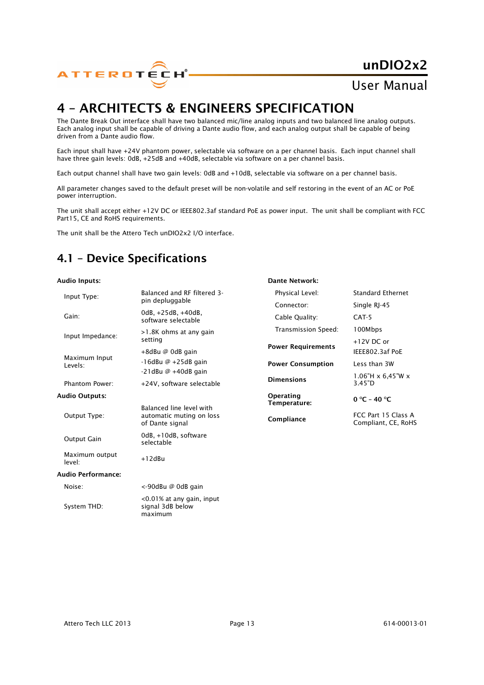 Undio2x2, User manual, 4 – architects & engineers specification | 1 – device specifications | Attero Tech unDIO2x2 User Manual | Page 14 / 16