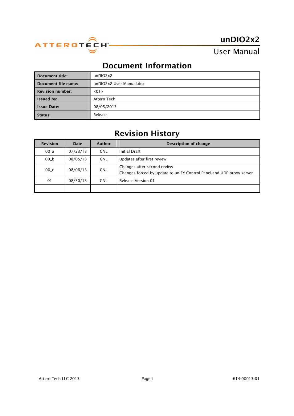 Undio2x2, User manual, Document information | Revision history | Attero Tech unDIO2x2 User Manual | Page 16 / 16