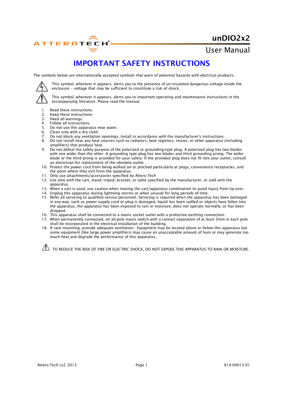 Undio2x2, User manual, Important safety instructions | Attero Tech unDIO2x2 User Manual | Page 2 / 16