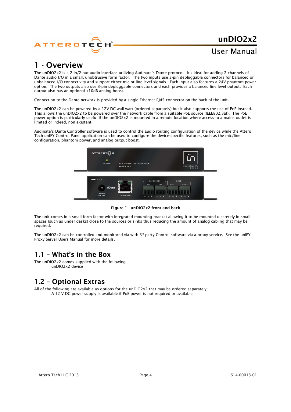 Undio2x2, User manual, 1 - overview | 1 – what’s in the box, 2 – optional extras | Attero Tech unDIO2x2 User Manual | Page 5 / 16
