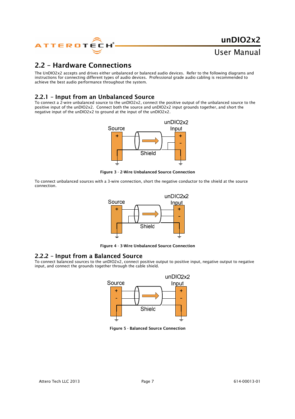 Undio2x2, User manual, 2 – hardware connections | 1 – input from an unbalanced source, 2 – input from a balanced source | Attero Tech unDIO2x2 User Manual | Page 8 / 16