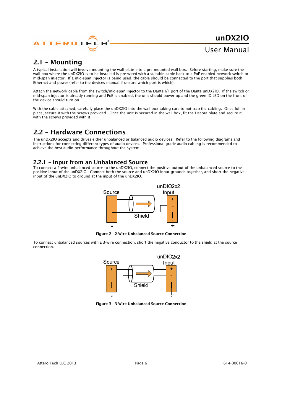 Undx2io, User manual, 1 – mounting | 2 – hardware connections, 1 – input from an unbalanced source | Attero Tech unDX2IO User Manual | Page 7 / 14