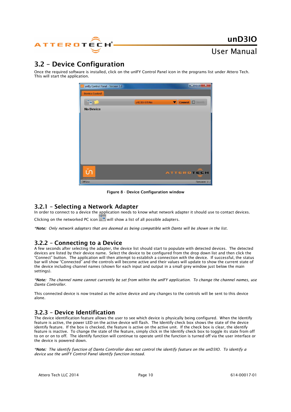 Und3io, User manual, 2 – device configuration | 1 – selecting a network adapter, 2 – connecting to a device, 3 – device identification | Attero Tech unD3IO User Manual | Page 11 / 14