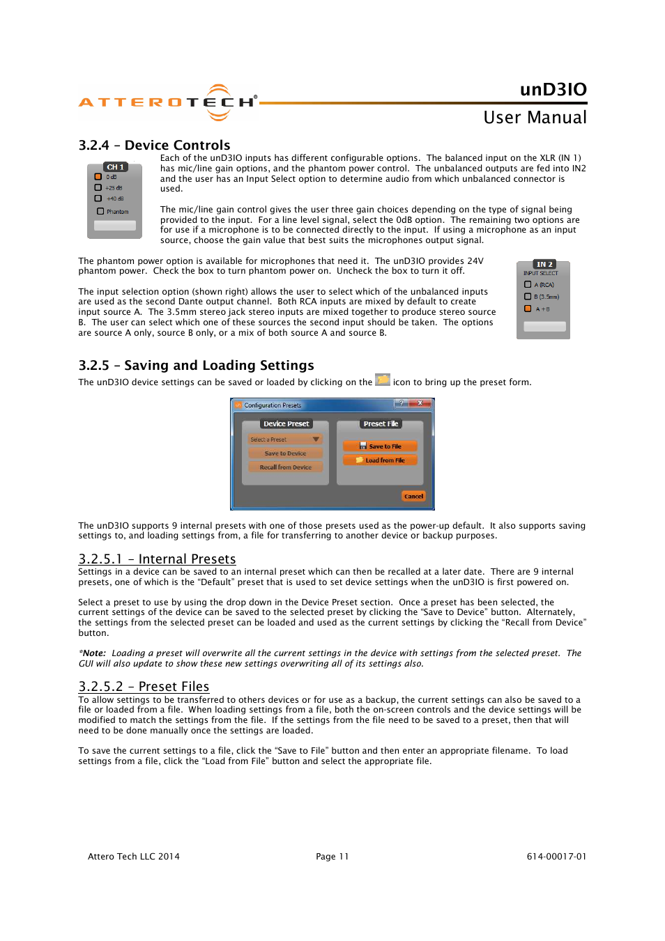 Und3io, User manual, 4 – device controls | 5 – saving and loading settings, 1 – internal presets, 2 – preset files | Attero Tech unD3IO User Manual | Page 12 / 14
