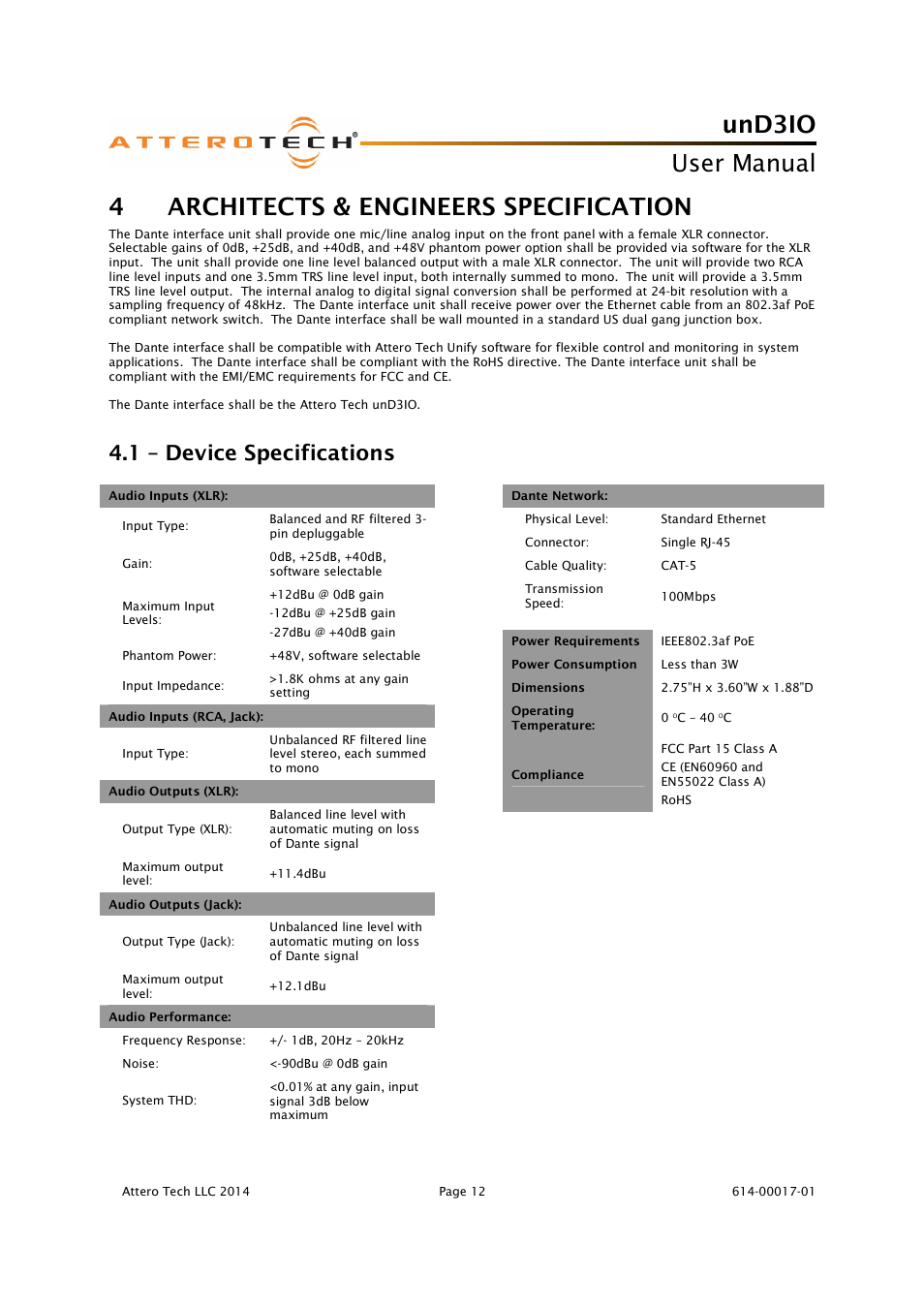 Und3io, User manual, 4– architects & engineers specification | 1 – device specifications | Attero Tech unD3IO User Manual | Page 13 / 14