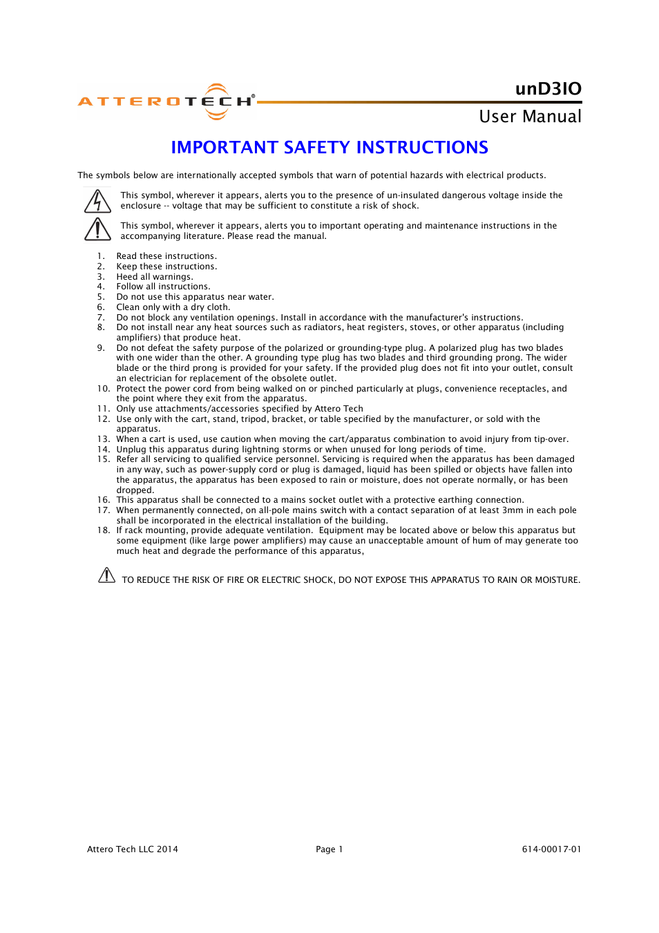 Und3io, User manual, Important safety instructions | Attero Tech unD3IO User Manual | Page 2 / 14